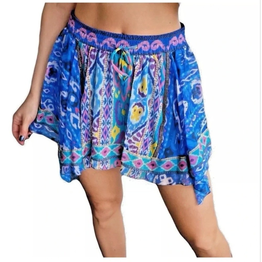 Zara Blue Ikat Print Handkerchief Hem Mini Skirt Boho Tribal Size L Festival NWT